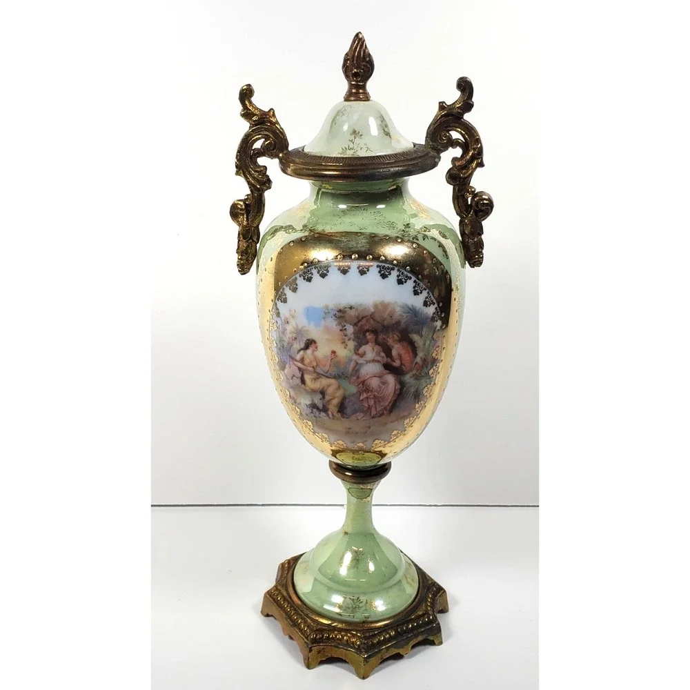 Antique French Sevres Style Urn Vase Porcelain Marked Lid Hand-Painted